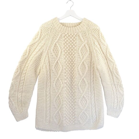 Vintage Chunky Cable Knit Pure New Wool Sweater Large Cream Pullover Fisherman - Picture 1 of 7